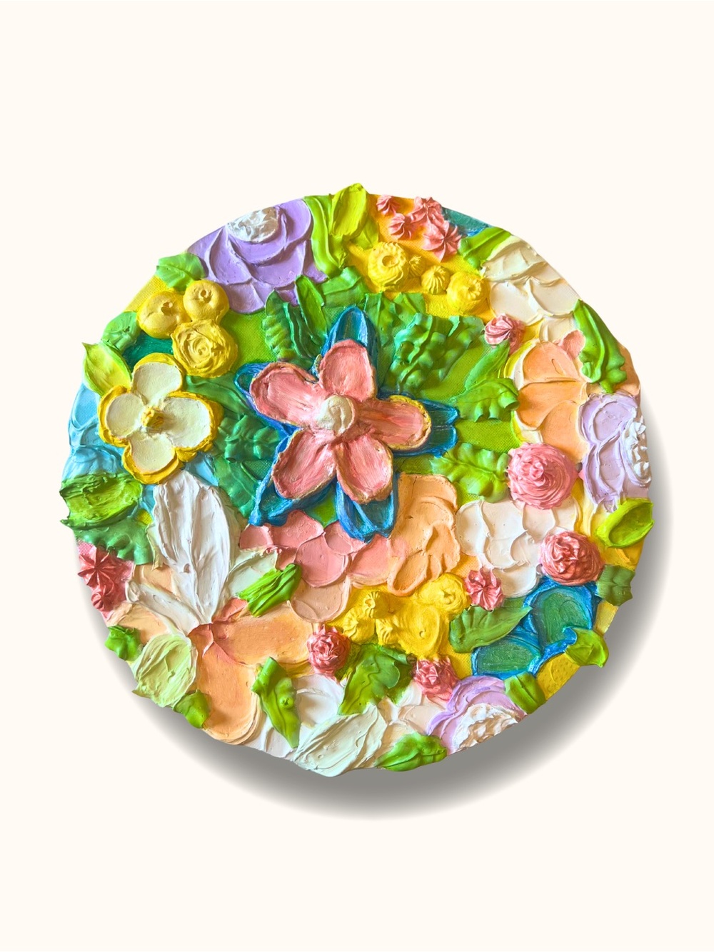 Hand-Painted Floral Round Canvas — Multicolor
